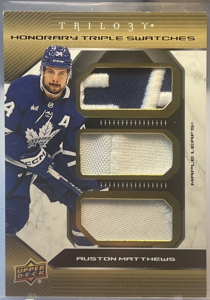 Auston Matthews #HTS-AM Hockey Cards 2023 Upper Deck Trilogy Honorary Triple Swatches