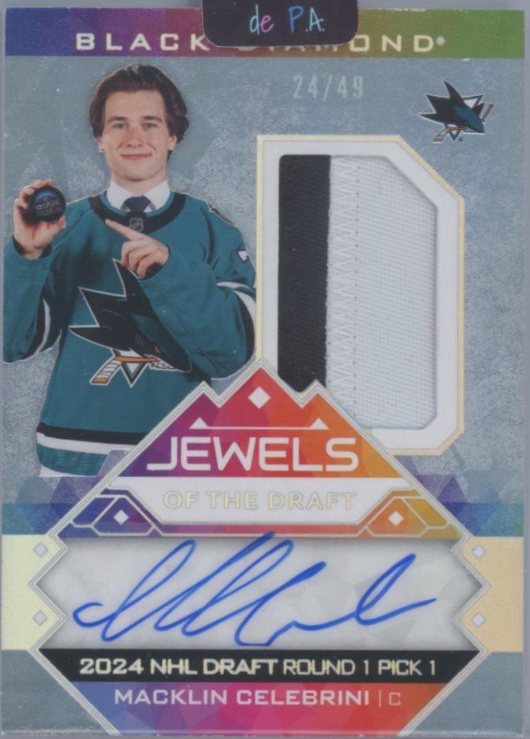 Macklin Celebrini #JD-MC Hockey Cards 2024 Upper Deck Black Diamond Jewels of the Draft Rookie