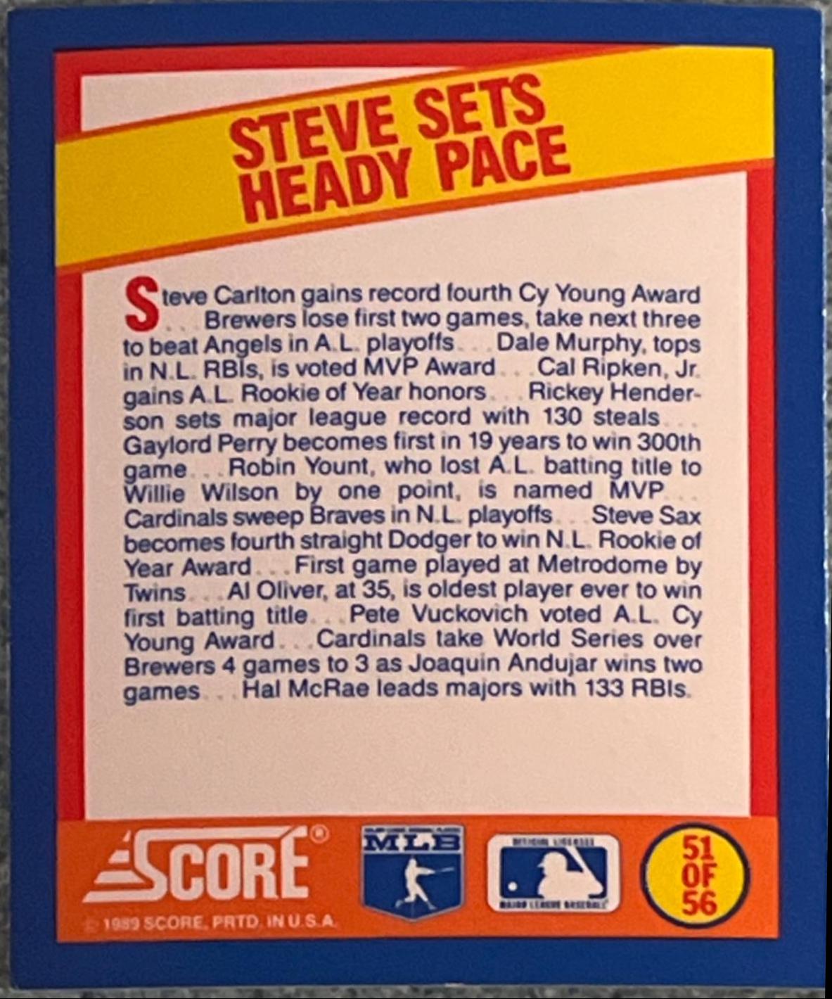 Steve Sets Heady Pace #51 Baseball Cards 1989 Score Magic Motion Trivia A Year to Remember