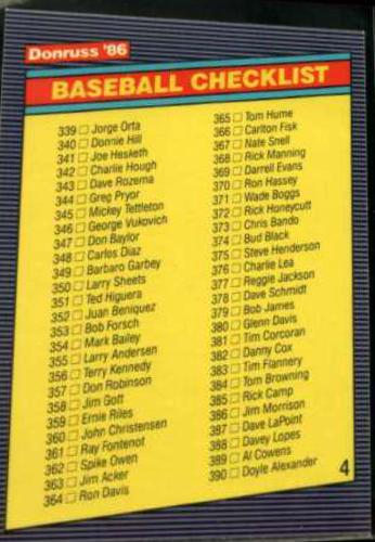 Checklist 339-442 Baseball Cards 1986 Donruss