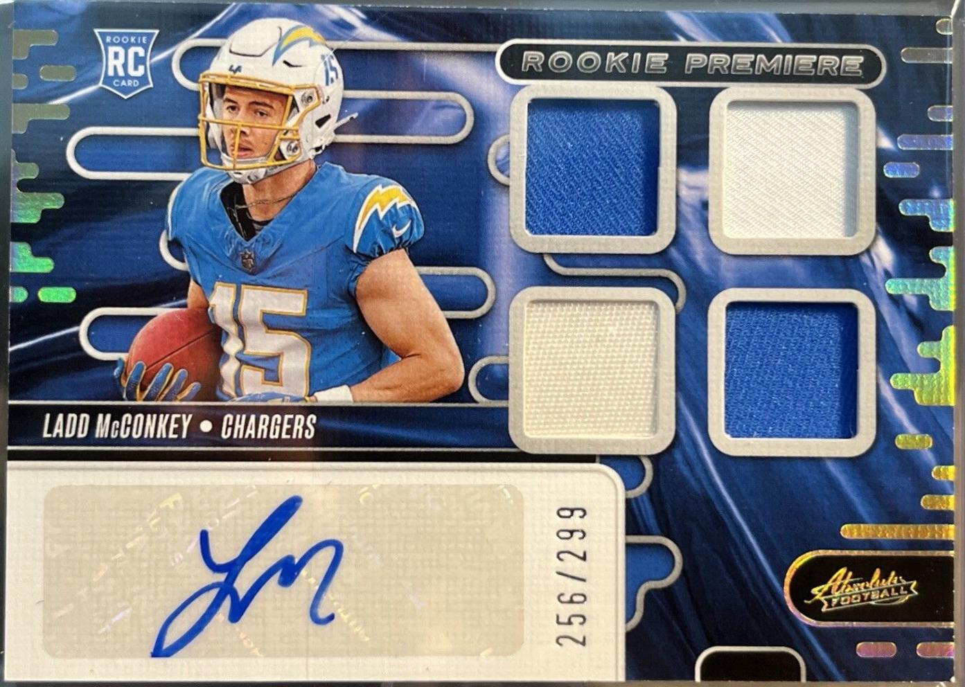 Ladd McConkey #RPMA-LMY Football Cards 2024 Panini Absolute Rookie Premiere Quad Materials Auto
