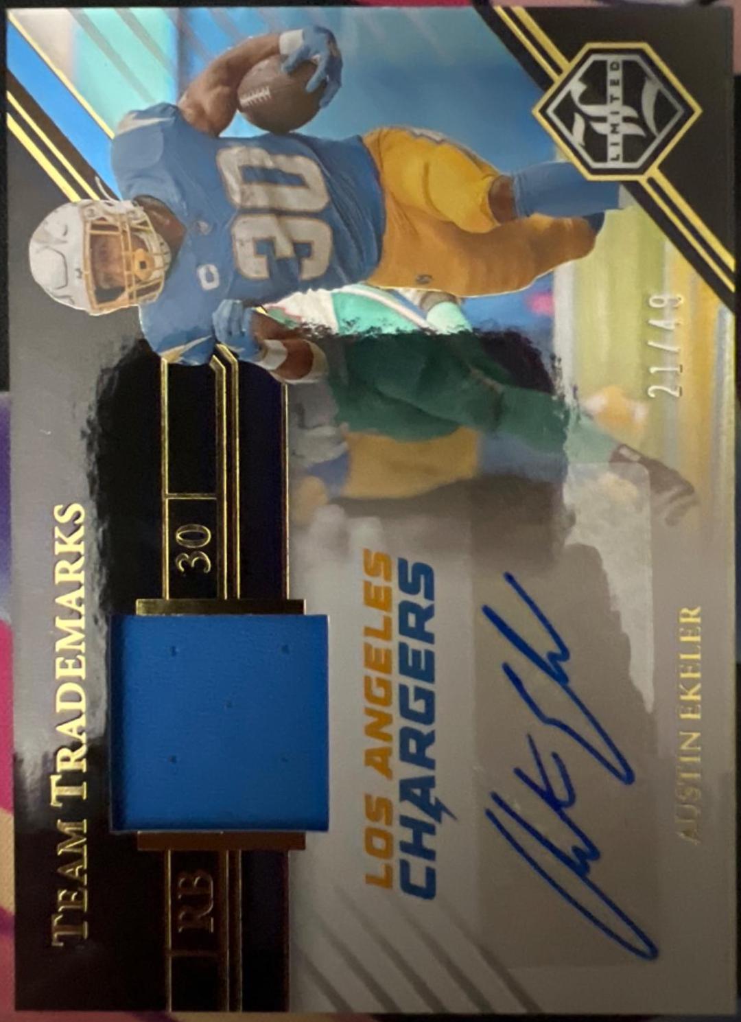 Austin Ekeler #2 Football Cards 2023 Panini Limited Team Trademarks Signature Material