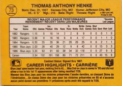 'Back' | Tom Henke Baseball Cards 1987 Leaf