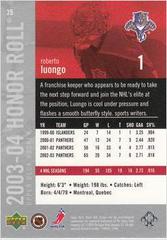 Back Of Card | Roberto Luongo Hockey Cards 2003 Upper Deck Honor Roll
