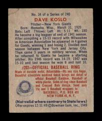 Back | Dave Koslo Baseball Cards 1949 Bowman