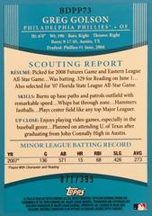 Rear | Greg Golson [Blue] Baseball Cards 2008 Bowman Draft Picks & Prospects