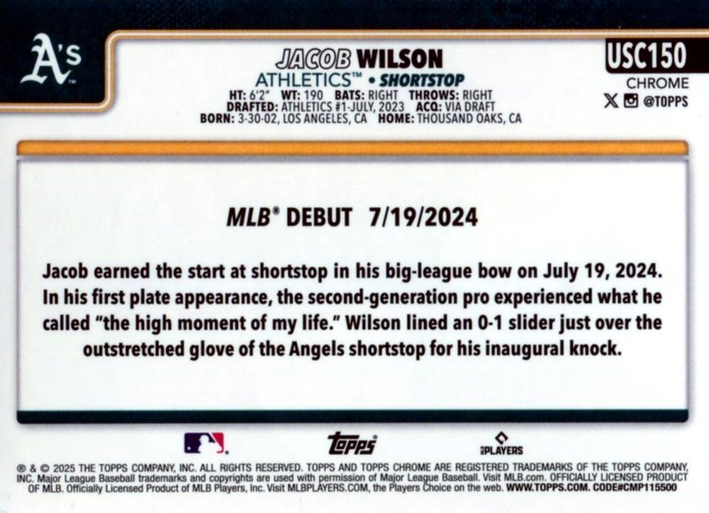 Jacob Wilson #USC150 Prices [Rookie] | 2025 Topps Chrome Update ...