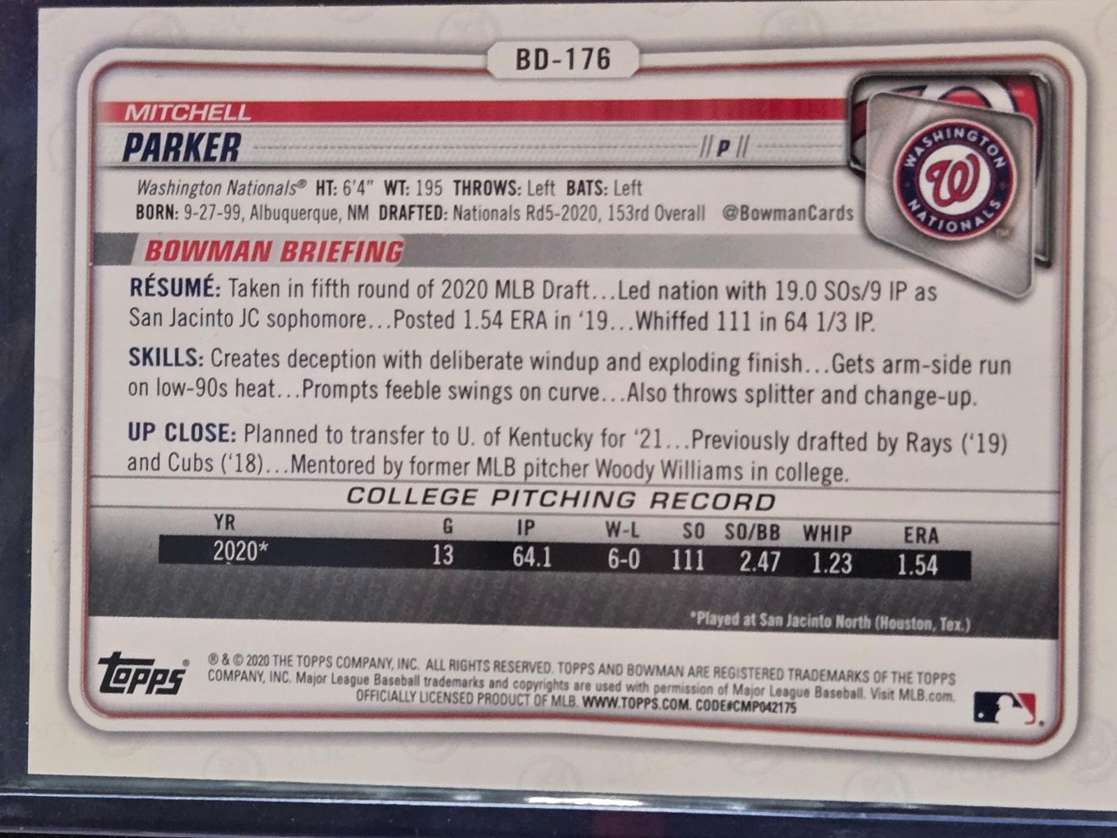 Mitchell Parker #BD-176 Prices | 2020 Bowman Draft | Baseball Cards