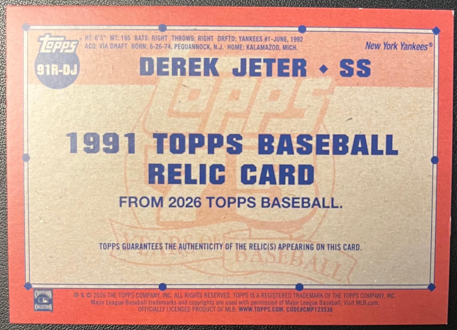 Derek Jeter [Gold] #91R-DJ Prices | 2026 Topps 1991 Relic | Baseball Cards