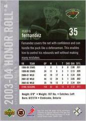Back Of Card | Manny Fernandez Hockey Cards 2003 Upper Deck Honor Roll