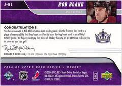 Back Of Card | Rob Blake Hockey Cards 2006 Upper Deck Game Jersey