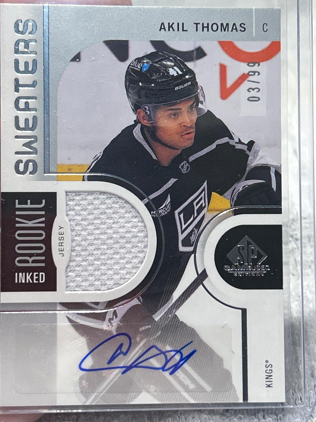 Akil Thomas #IRS-AT Hockey Cards 2024 SP Game Used Inked Rookie Sweater