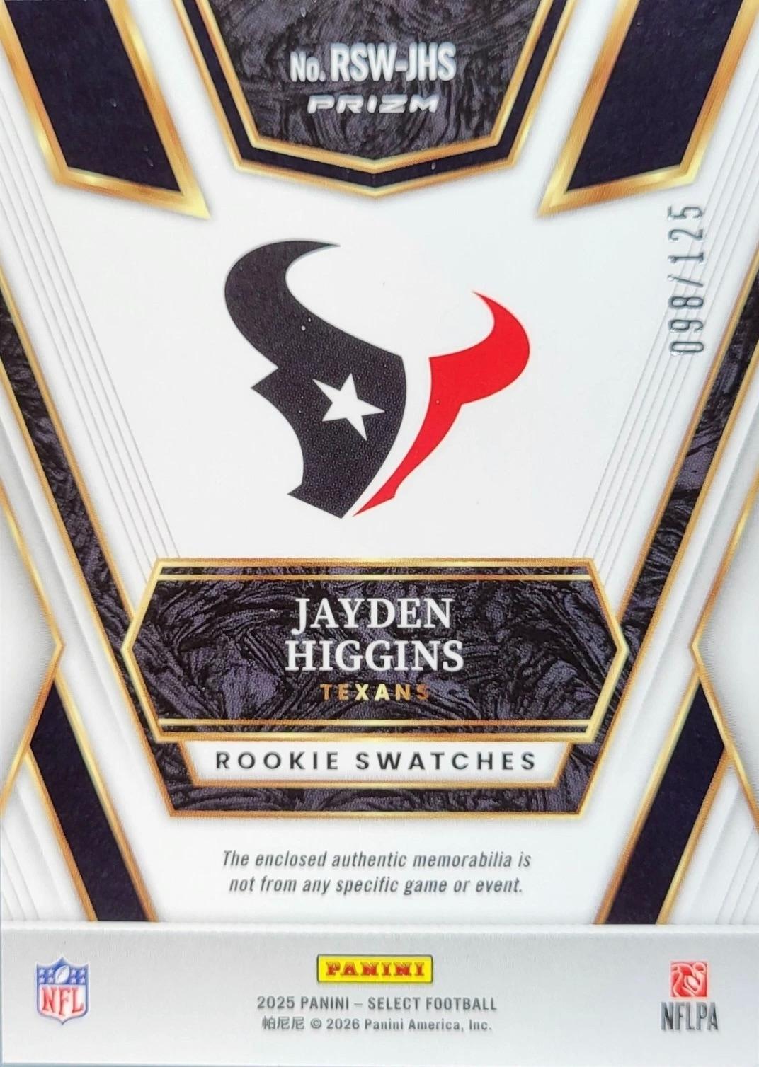 Jayden Higgins #RSW-JHS Prices [Rookie] | 2025 Panini Select Rookie ...