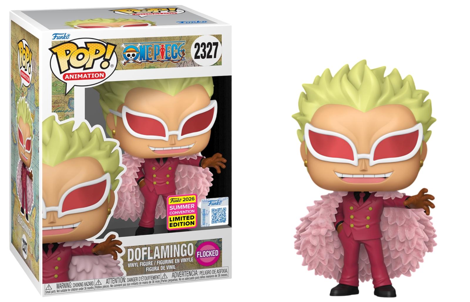 Doflamingo #2327 One Piece Funko Pop Flocked Convention exclusive box and figure