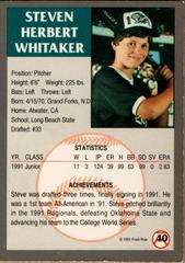 Back Of Card | Steve Whitaker Baseball Cards 1991 Front Row Draft Picks