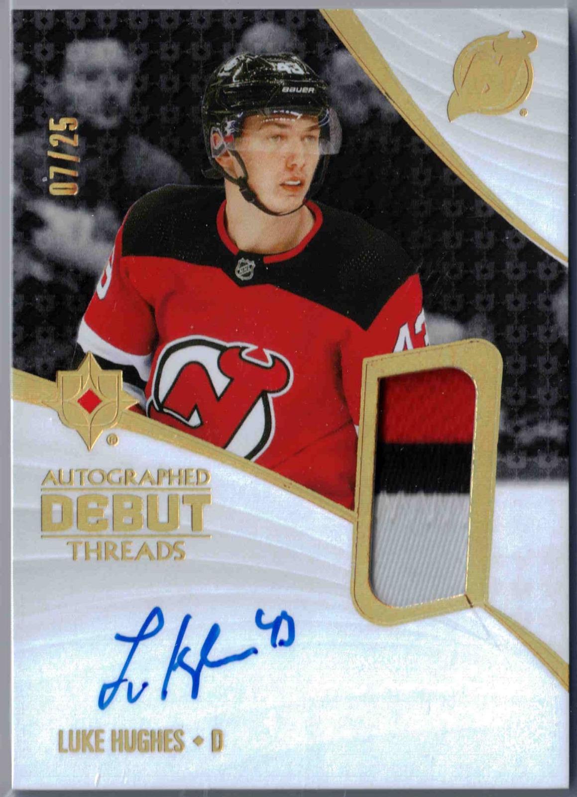 Luke Hughes #ADT-LH Hockey Cards 2023 Upper Deck Ultimate Collection Debut Threads Autograph