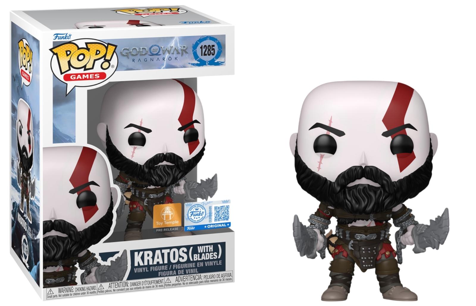 Kratos With Blades #1285 God of War: Ragnarok Funko Pop Toy Temple Pre-Release box and figure