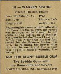 Back | Warren Spahn Baseball Cards 1948 Bowman