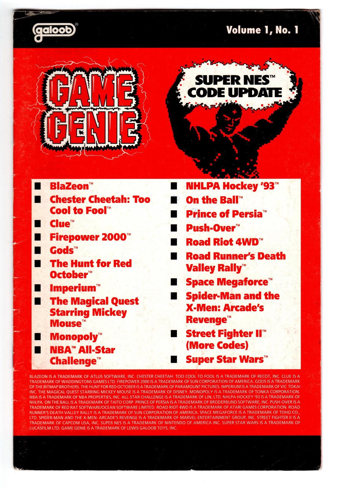 SNES Game Genie Code Update: Volume 1, No. 1 Super Nintendo