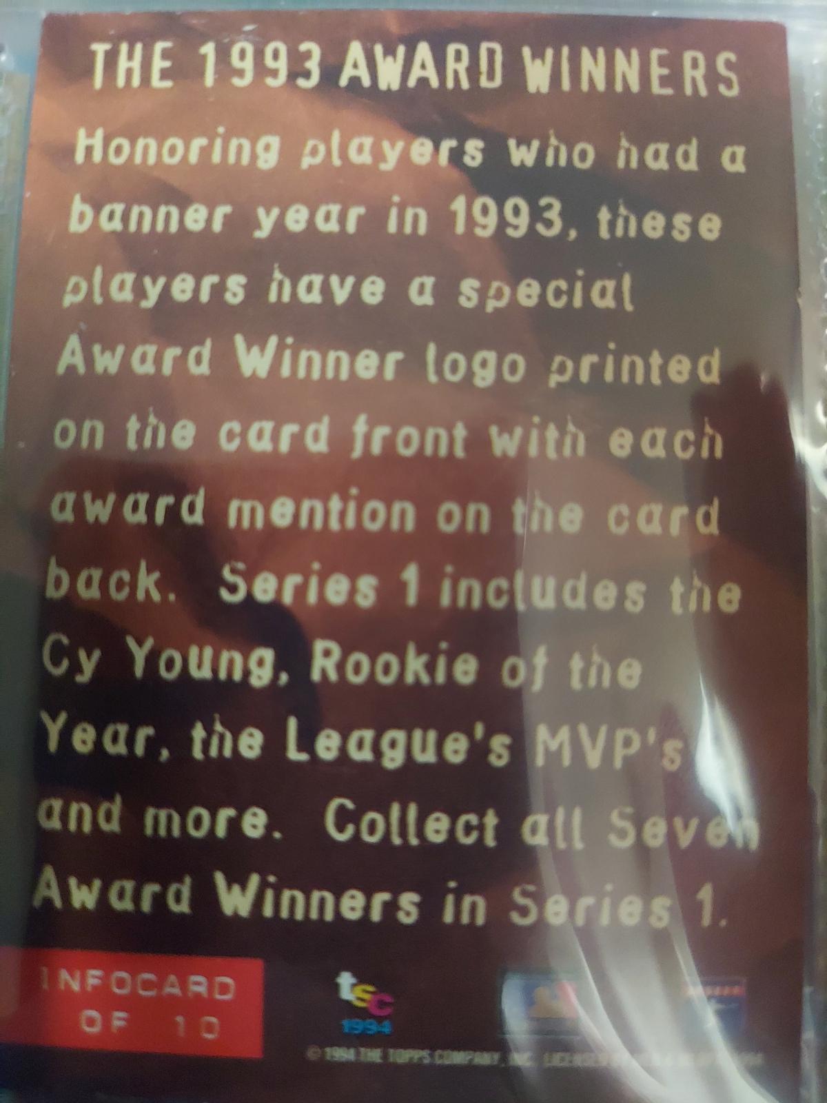 93 Award Winners #/of 10 Baseball Cards 1994 Stadium Club Infocard