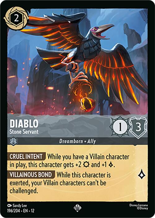 diablo card lorcana 049/204 | Uncommon Discard an action card (You may discard an action card to play this on top of one of your characters named Diablo.) Evasive (Only characters with Evasive can challenge this character.)[ Circle Far and Wide]... Diablo - Devoted Herald [Foil]