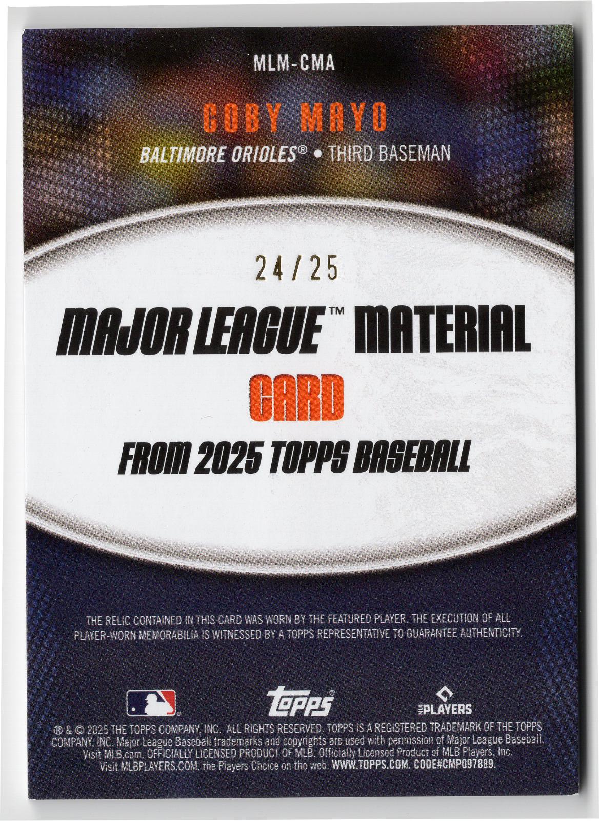 Coby Mayo [Orange] #MLM-CMA Prices [Rookie] | 2025 Topps Major League ...