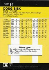 Back Of Card | Doug Sisk Baseball Cards 1986 Fleer