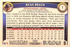Back | Ryan Braun [Gold] Baseball Cards 2011 Topps