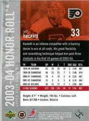 Back Of Card | Jeff Hackett Hockey Cards 2003 Upper Deck Honor Roll