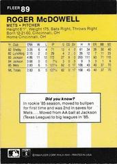 Back Of Card | Roger McDowell Baseball Cards 1986 Fleer