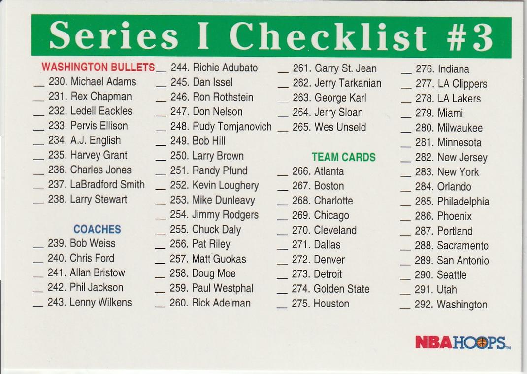 Series I Checklist #3 #350 1992 Hoops Basketball