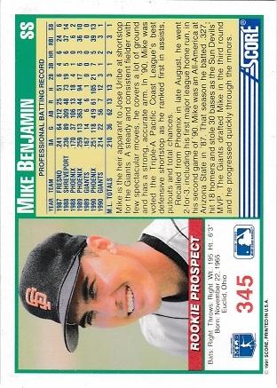 Mike Benjamin #345 Prices [Rookie] | 1991 Score | Baseball Cards