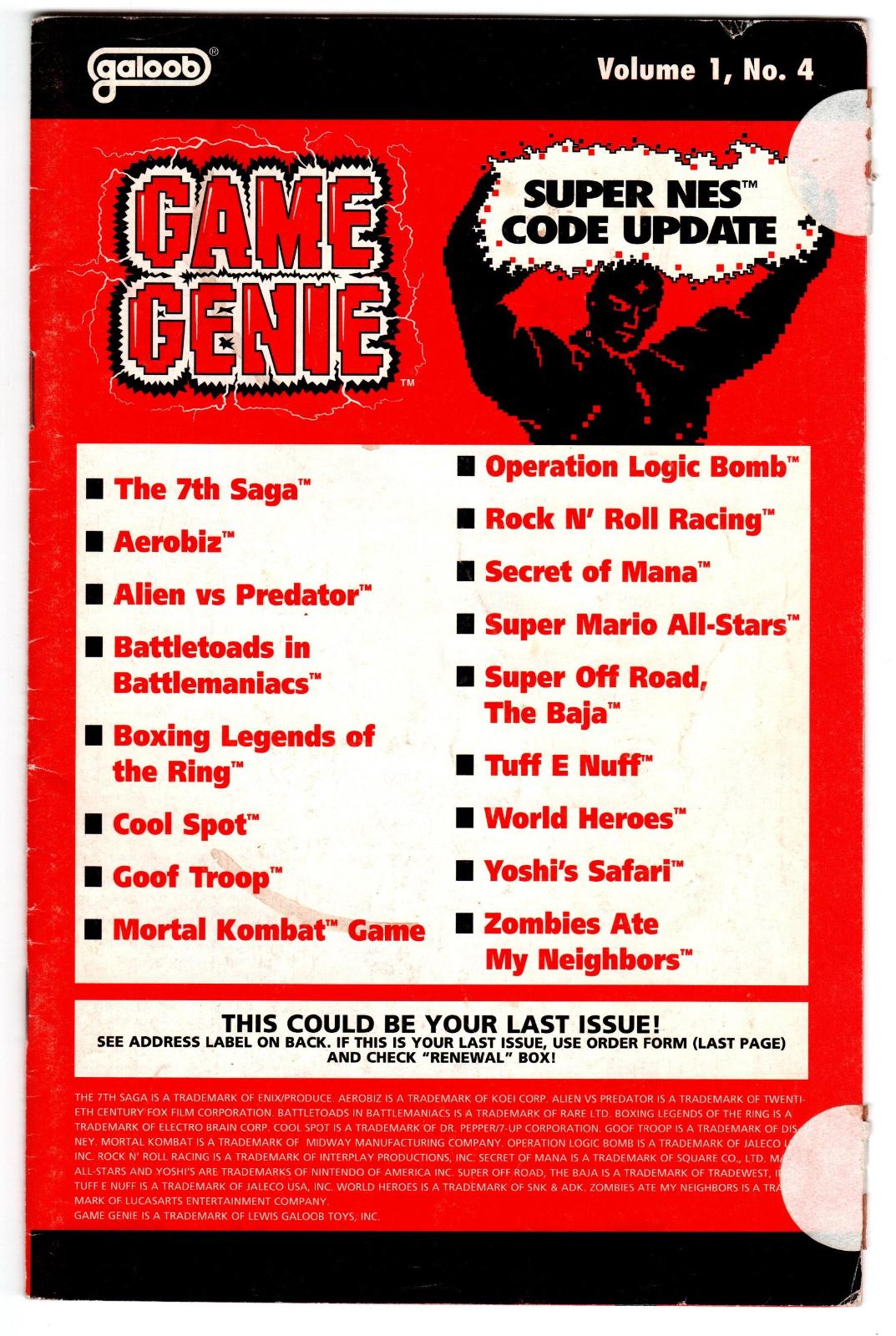 SNES Game Genie Code Update: Volume 1, No. 4 Super Nintendo
