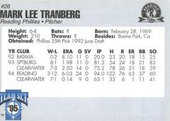 Mark Tranberg Back | Mark Tranberg Baseball Cards 1995 Team Set