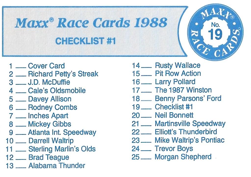Checklist 1 #19 Racing Cards 1988 Maxx Charlotte