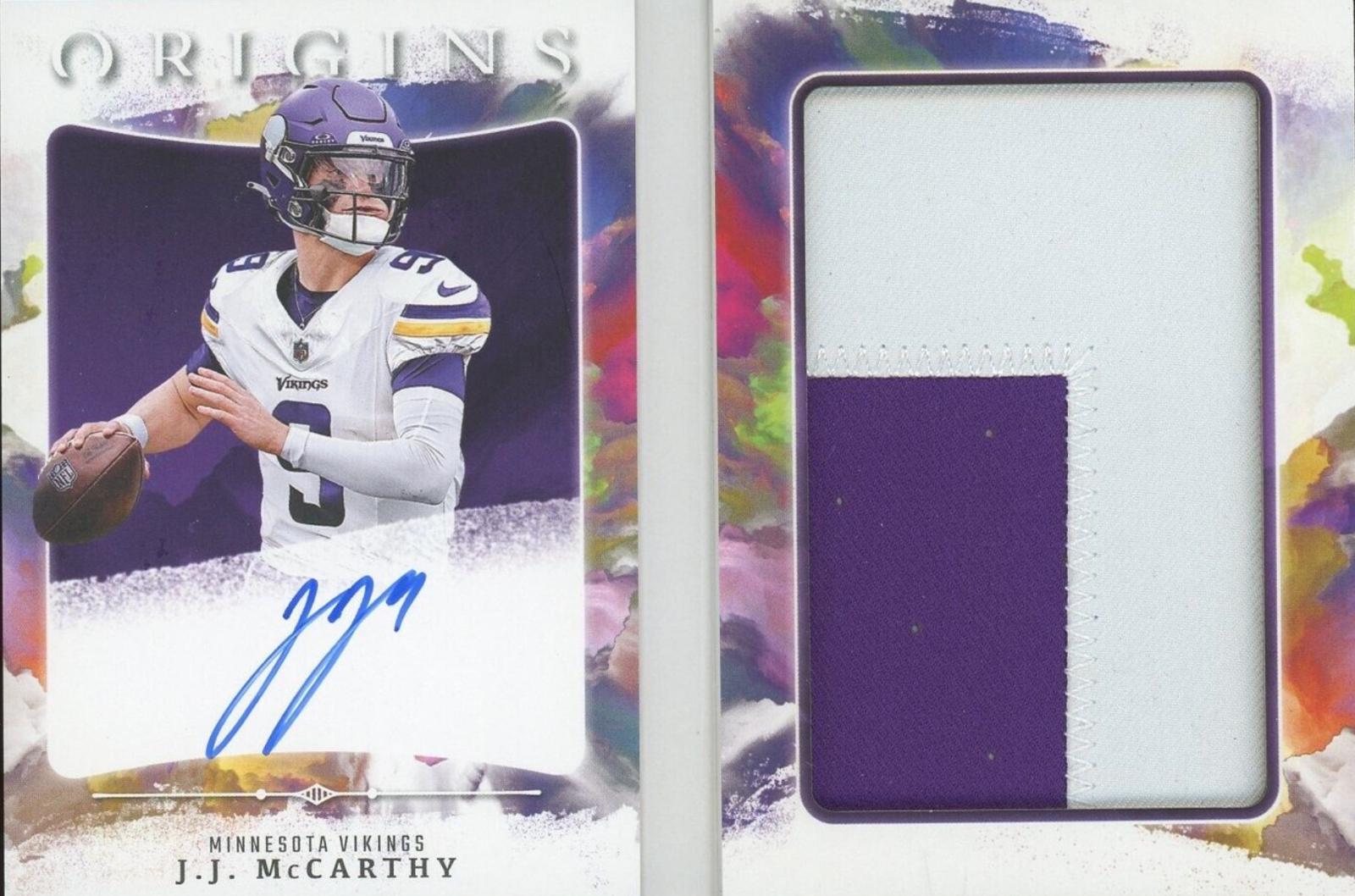 J.J. McCarthy #RBO-JMC Football Cards 2024 Panini Origins Rookie Booklet Patch Auto