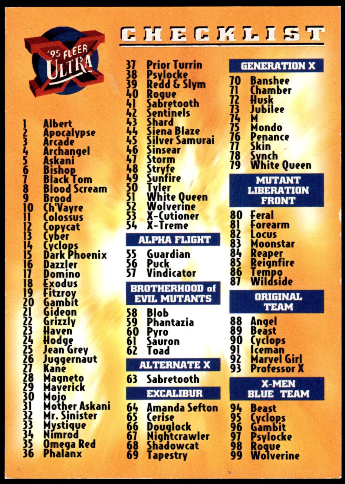 Checklist #150 Marvel 1995 Ultra X-Men