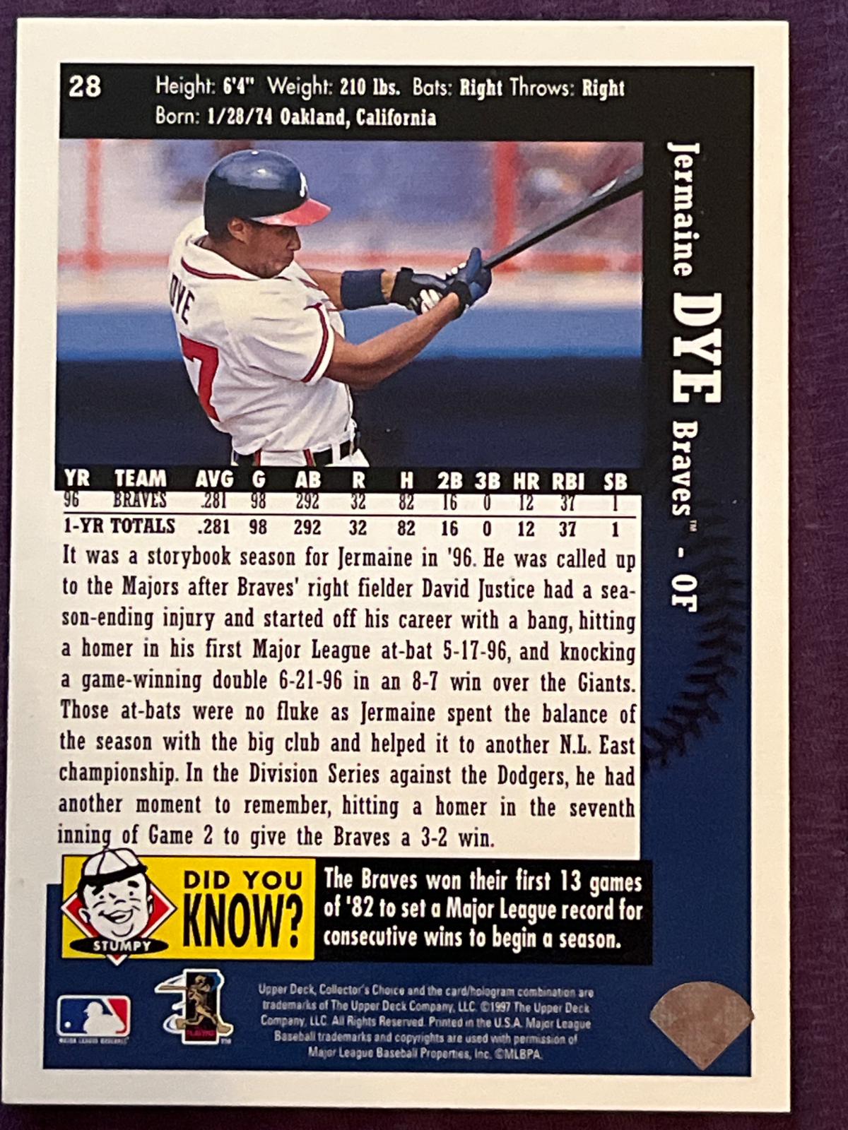 Jermaine Dye #28 Baseball Cards 1997 Collector's Choice