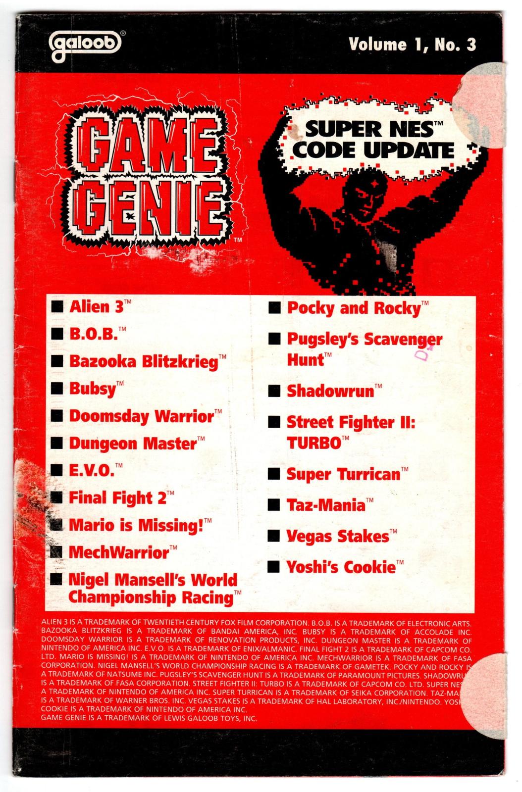 SNES Game Genie Code Update: Volume 1, No. 3 Super Nintendo