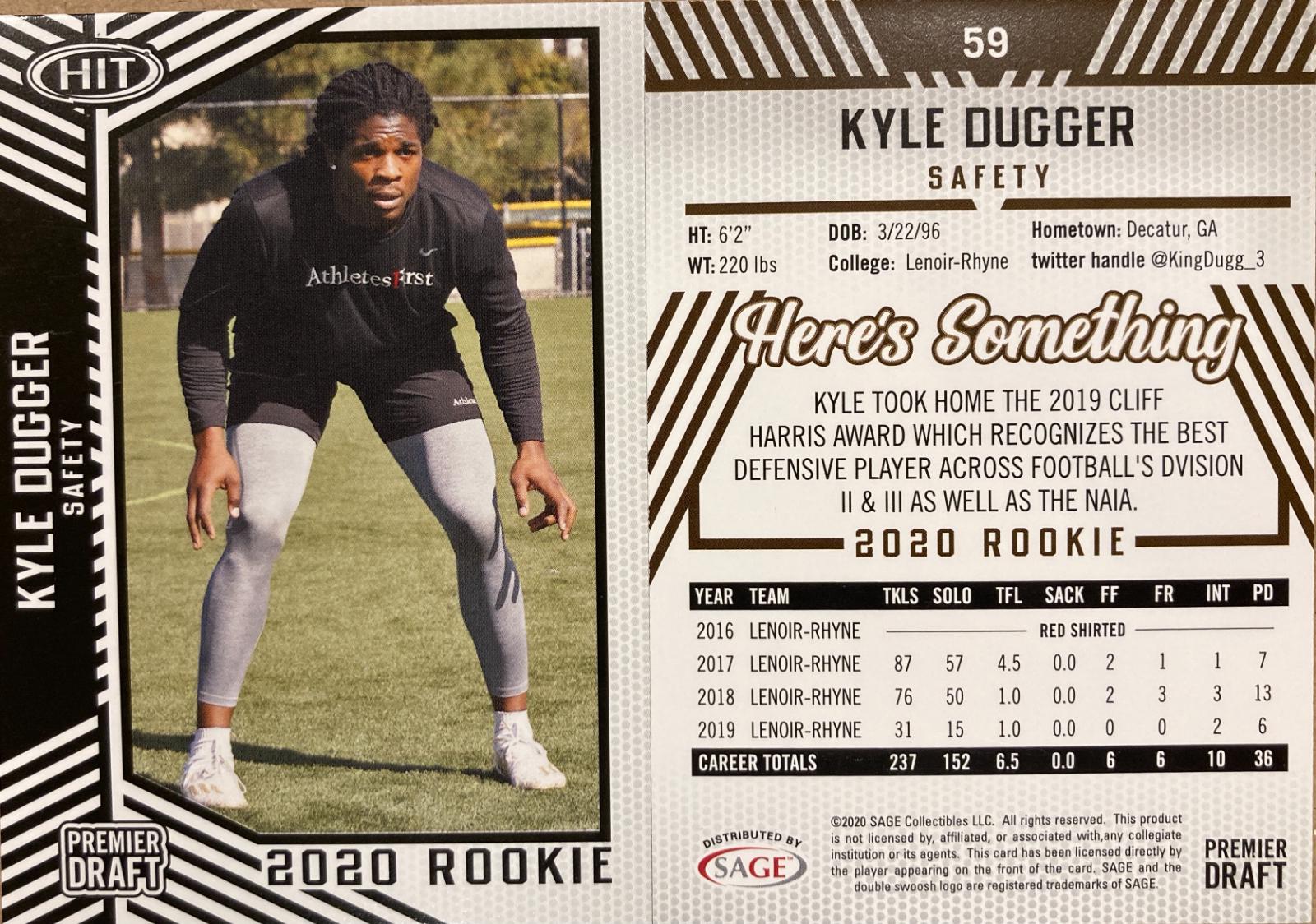 Kyle Dugger #59 Football Cards 2020 Sage Hit