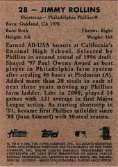 Back Of Card | Jimmy Rollins Baseball Cards 2001 Bowman Heritage