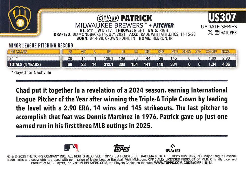 Chad Patrick #US307 Prices [Rookie] | 2025 Topps Update | Baseball Cards