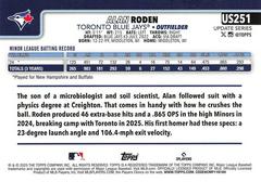 Back Of Card | Alan Roden Baseball Cards 2025 Topps Update