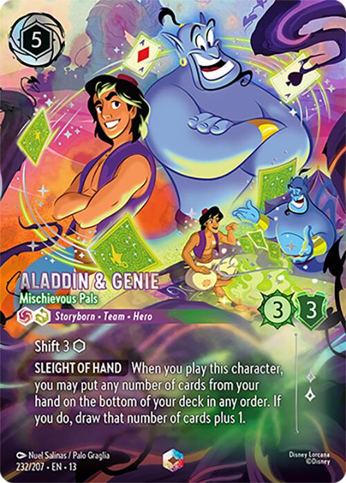 lorcana aladdin cards Lorcana: Shimmering Skies Card Sleeves 2 Lore Value Aladdin & Genie - Mischievous