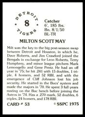 Back | Milt May Baseball Cards 1975 SSPC