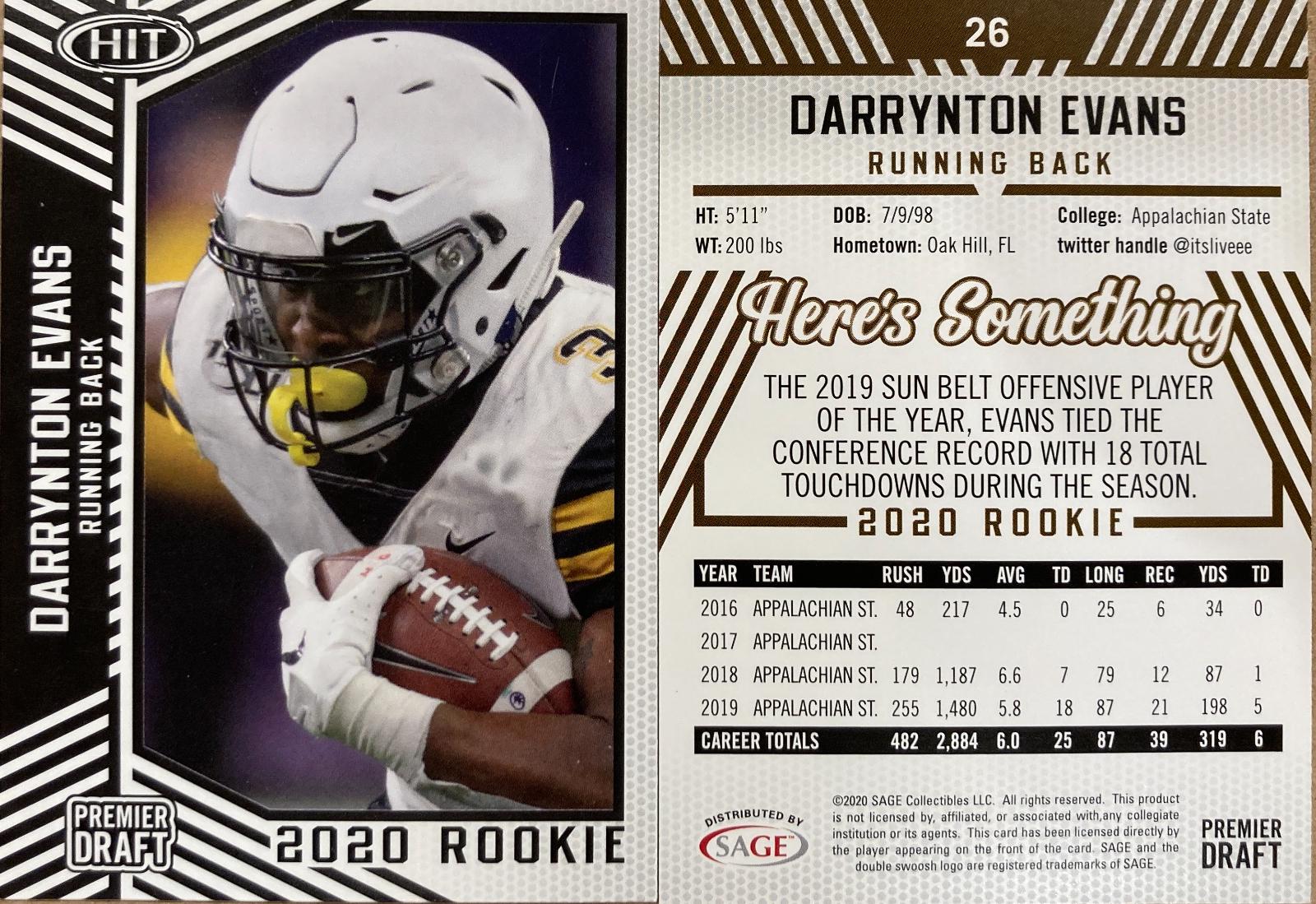 Darrynton Evans #26 Football Cards 2020 Sage Hit