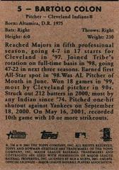 Back Of Card | Bartolo Colon Baseball Cards 2001 Bowman Heritage