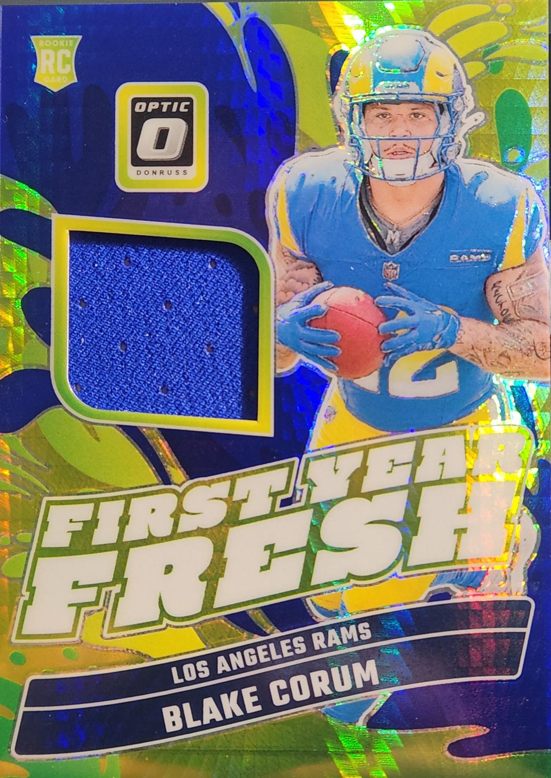 Blake Corum #FYF-BCM Football Cards 2024 Panini Donruss Optic First Year Fresh Blue Hyper