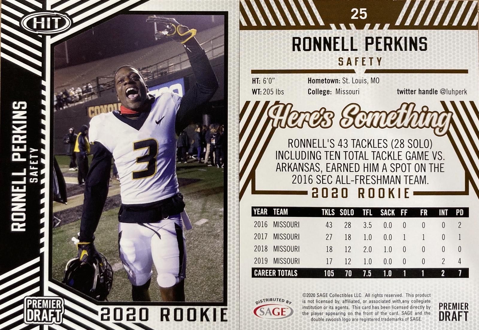 Ronnell Perkins #25 Football Cards 2020 Sage Hit
