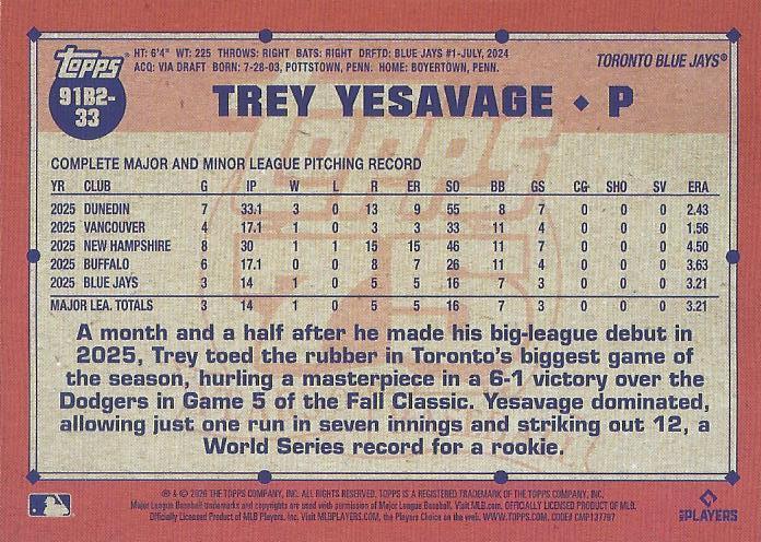 Trey Yesavage #91B2-33 Prices [Rookie] | 2026 Topps Series 2 1991 ...
